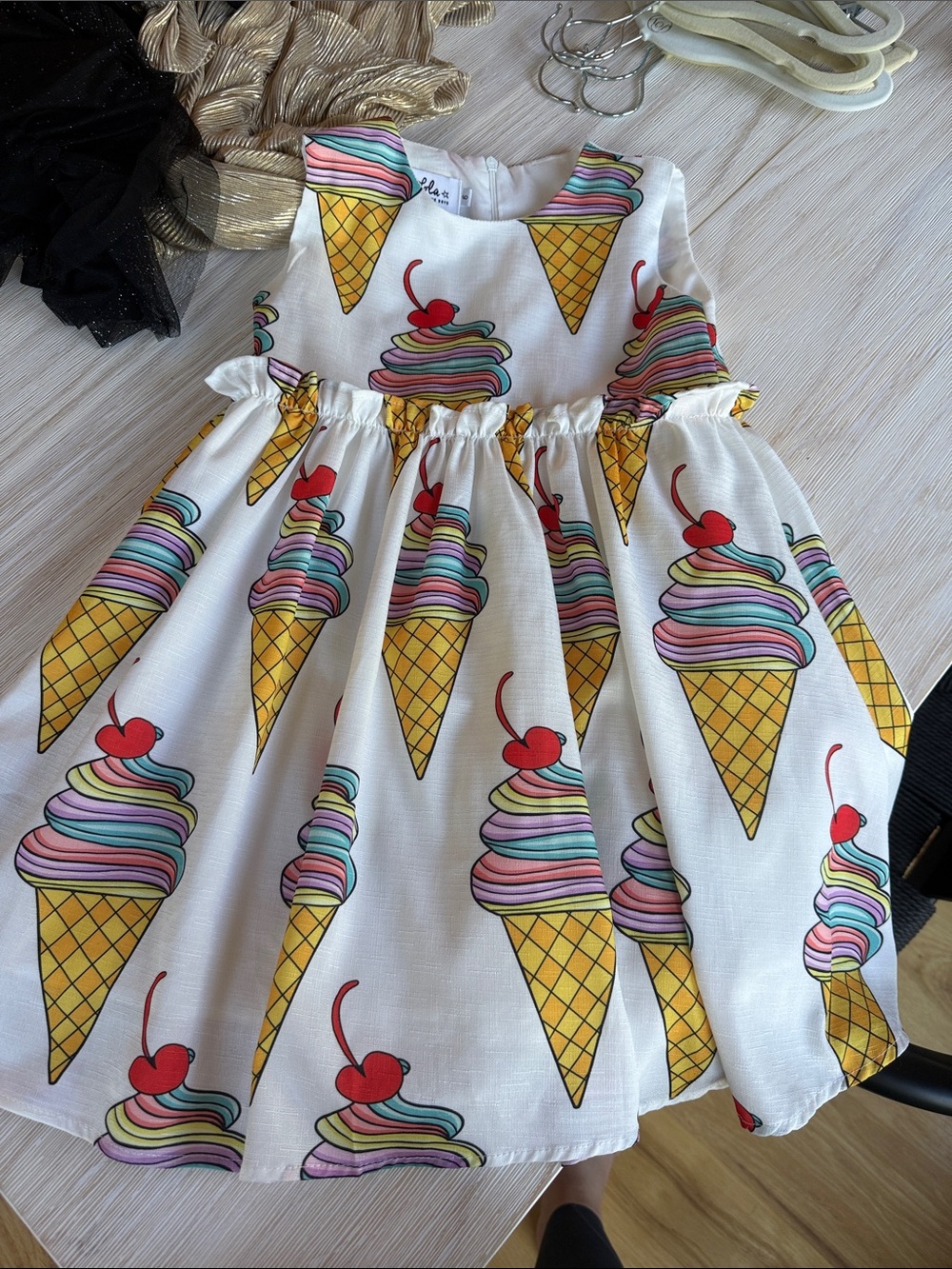 Lola + The Boys Ice Cream Print Party Dress - White with Multicolor Cones